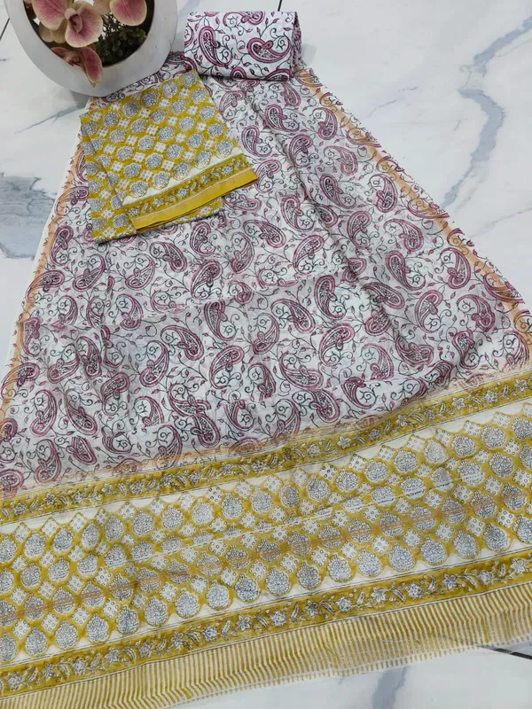 Unstitched_Yellow_and_Pink_Block_printed_Chanderi_Silk_three_piece_suit_set