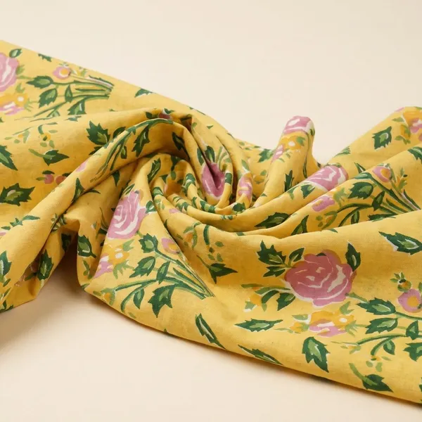 Yellow_Cotton_Traditional_Floral_Hand_Block_Print_Unstiched_Material_For_Men's_Kurta_Shirts_&_Women's_Kurti_and_Other_Dress_Material