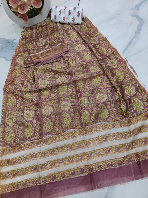 Unstitched_Purple_and_Green_Block_printed_Chanderi_Silk_three_piece_suit_set