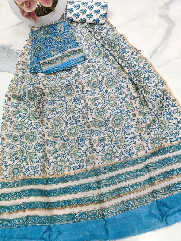 Unstitched_Blue_and_Green_Block_printed_Chanderi_Silk_three_piece_suit_set