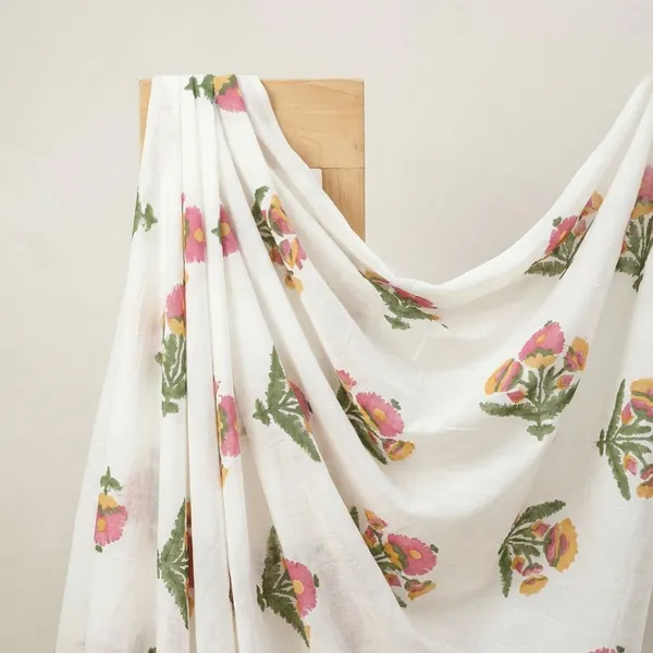 White_Cotton_Traditional_Floral_Hand_Block_Print_Unstiched_Material_For_Men's_Kurta_Shirts_&_Women's_Kurti_and_Other_Dress_Material