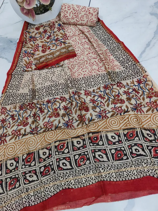 Unstitched_Red_and_Black_Block_printed_Chanderi_Silk_three_piece_suit_set