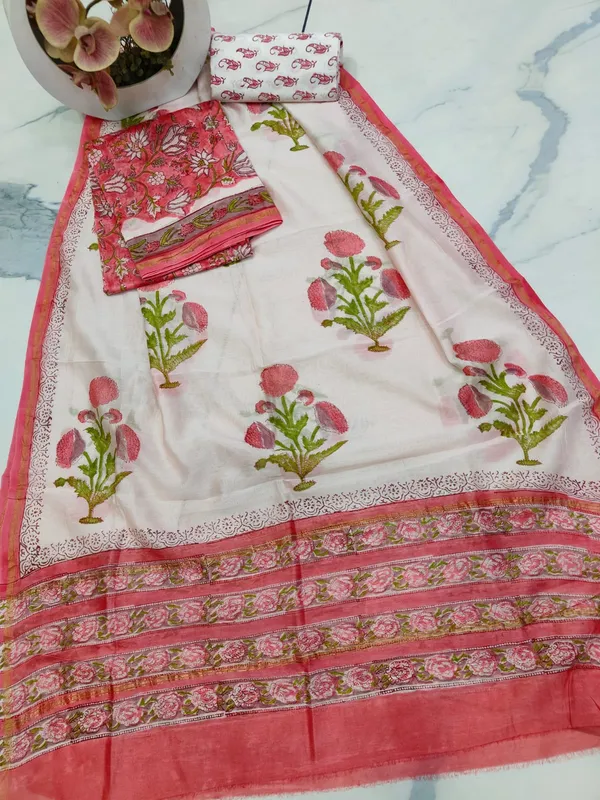 Unstitched_Red_Block_printed_Chanderi_Silk_three_piece_suit_set