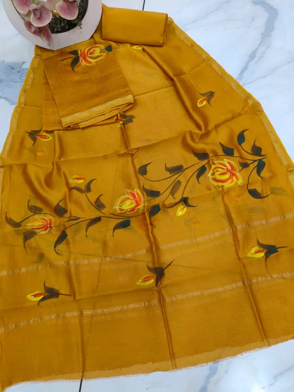 Unstitched_Yellow_Block_printed_Chanderi_Silk_three_piece_suit_set
