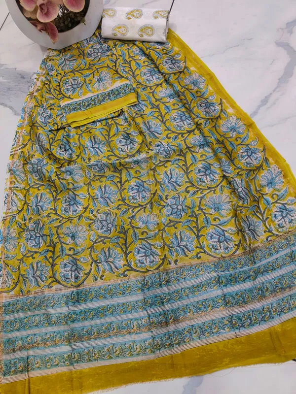 Unstitched_Yellow_and_Blue_Block_printed_Chanderi_Silk_three_piece_suit_set