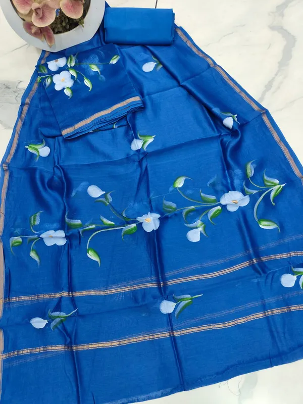 Unstitched_Blue_Hand_Painted_Chanderi_Silk_three_piece_suit_set