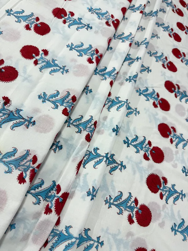 White_Cotton_Traditional_Floral_Hand_Block_Print_Unstiched_Material_For_Men's_Kurta_Shirts_&_Women's_Kurti_and_Other_Dress_Material