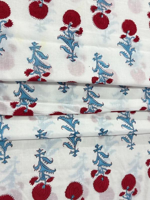 White_Cotton_Traditional_Floral_Hand_Block_Print_Unstiched_Material_For_Men's_Kurta_Shirts_&_Women's_Kurti_and_Other_Dress_Material
