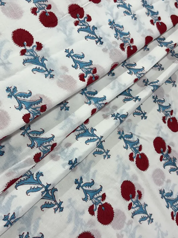 White_Cotton_Traditional_Floral_Hand_Block_Print_Unstiched_Material_For_Men's_Kurta_Shirts_&_Women's_Kurti_and_Other_Dress_Material