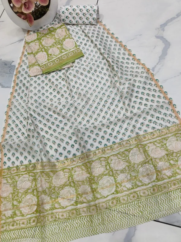 Unstitched_Green_Block_printed_Chanderi_Silk_three_piece_suit_set