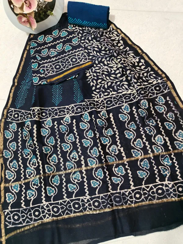 Unstitched_Indigo_Block_printed_Chanderi_Silk_three_piece_suit_set