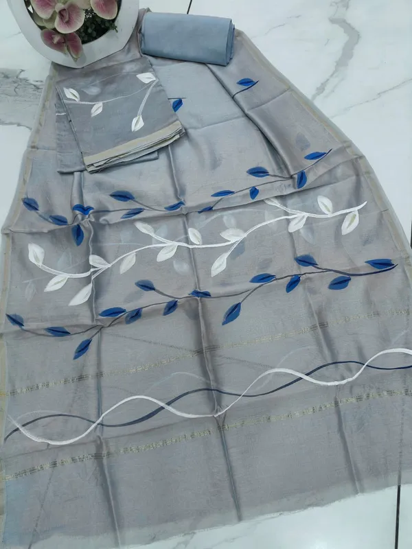Unstitched_Grey_and_Blue_Block_printed_Chanderi_Silk_three_piece_suit_set