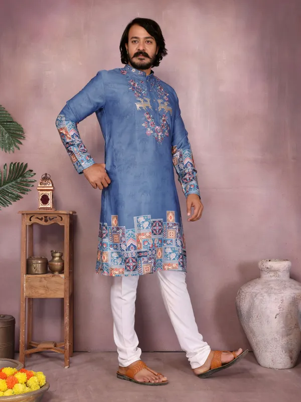 Elegant_Blue_Cotton_Slub_Embroidered_Kurta_with_Patterned_Cuffs_&_Hem