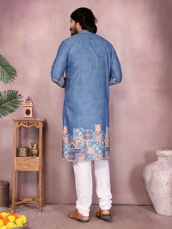 Elegant_Blue_Cotton_Slub_Embroidered_Kurta_with_Patterned_Cuffs_&_Hem