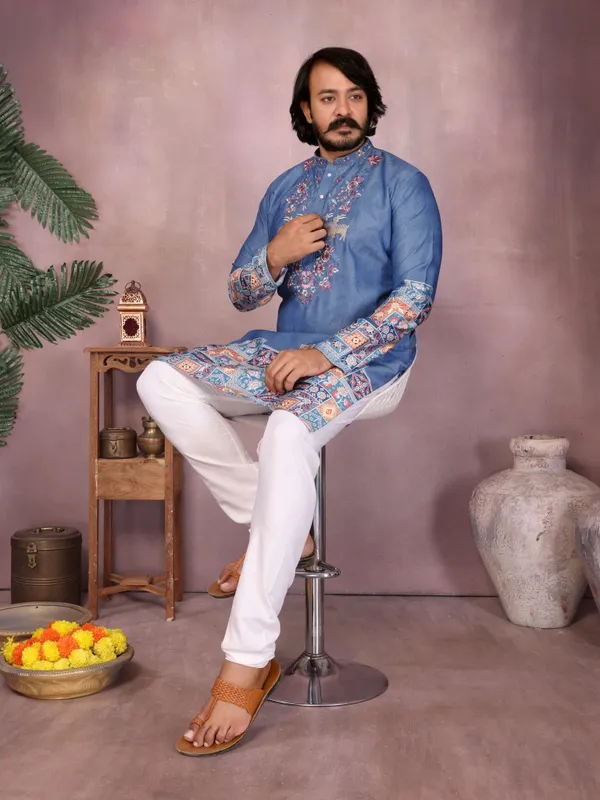 Elegant_Blue_Cotton_Slub_Embroidered_Kurta_with_Patterned_Cuffs_&_Hem
