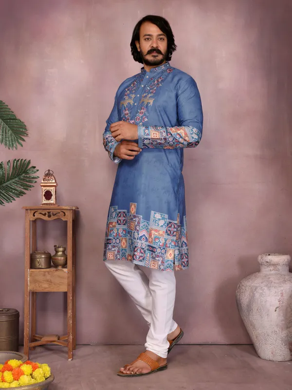 Elegant_Blue_Cotton_Slub_Embroidered_Kurta_with_Patterned_Cuffs_&_Hem