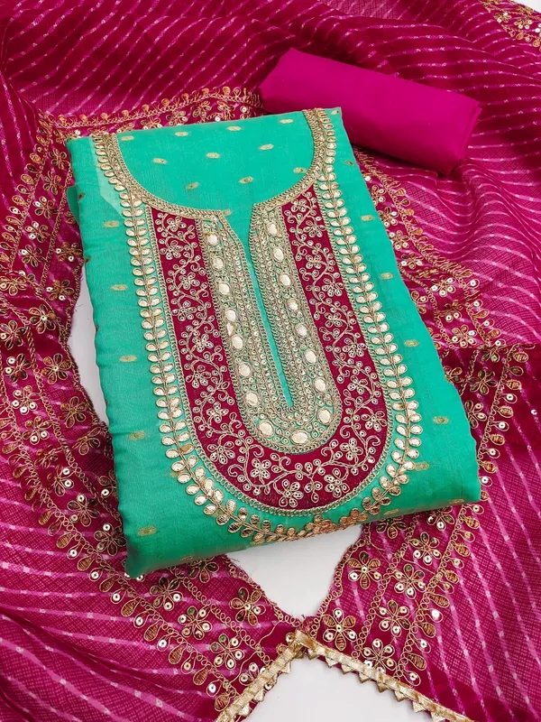 Unstitched_RAMA_Embroidery_Codding_Seqence_Work_Salwar_Suit_Dress_Material_With_Kota_Chex_Border_Work_Heavy_Dupatta_|_Chanderi_Butti_Silk_Semistitched_Top_And_Plain_Crepe___Bottom