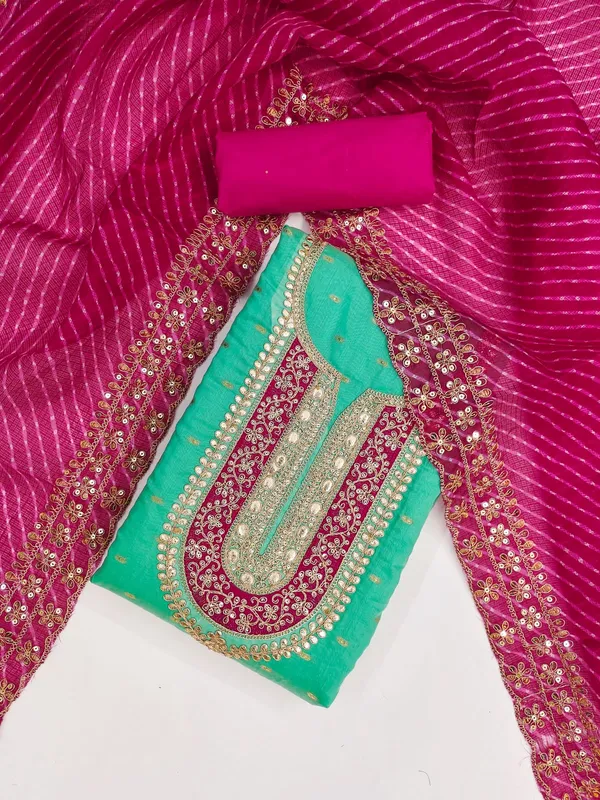 Unstitched_RAMA_Embroidery_Codding_Seqence_Work_Salwar_Suit_Dress_Material_With_Kota_Chex_Border_Work_Heavy_Dupatta_|_Chanderi_Butti_Silk_Semistitched_Top_And_Plain_Crepe___Bottom