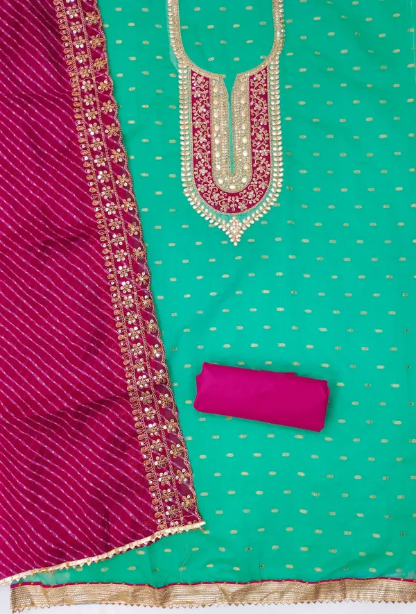 Unstitched_RAMA_Embroidery_Codding_Seqence_Work_Salwar_Suit_Dress_Material_With_Kota_Chex_Border_Work_Heavy_Dupatta_|_Chanderi_Butti_Silk_Semistitched_Top_And_Plain_Crepe___Bottom