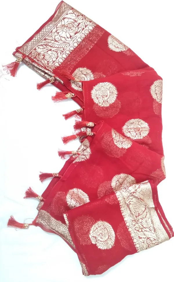 Red_Pure_Viscose_Georgette_Saree_With_Jacquard_Border_All_Over_Butta_With_Red_Blouse.