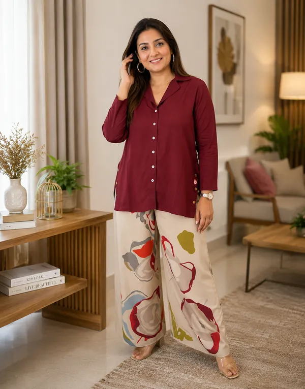 Priya's_burgandy_Top_with_Printed_stylish_pants