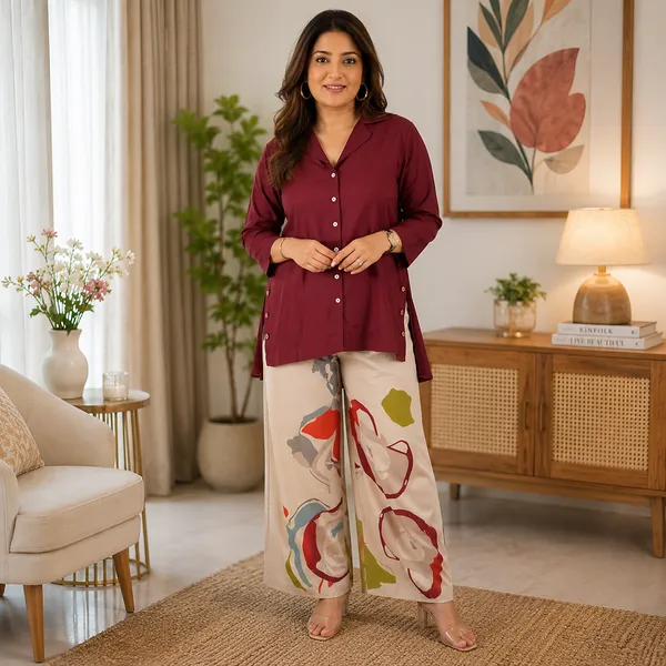 Priya's_burgandy_Top_with_Printed_stylish_pants