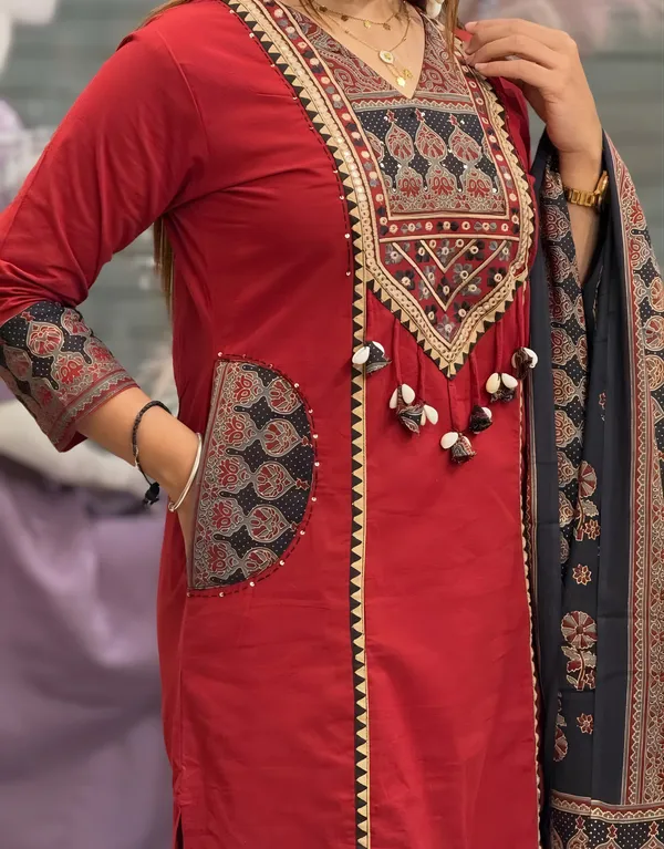Maroon_Mirza_Cotton_Ajrakh_Patch_work_Kurta_set