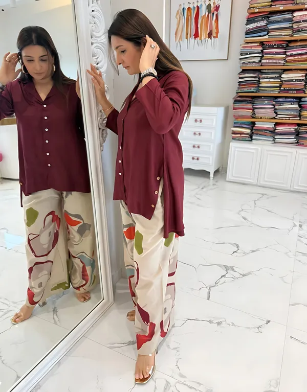 Priya's_burgandy_Top_with_Printed_stylish_pants