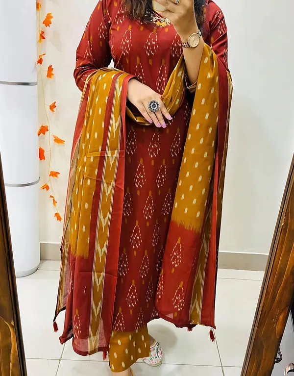 Pure_Cotton_Maroon_Ikkat_Kurti_Set