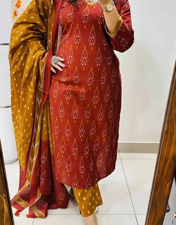 Pure_Cotton_Maroon_Ikkat_Kurti_Set