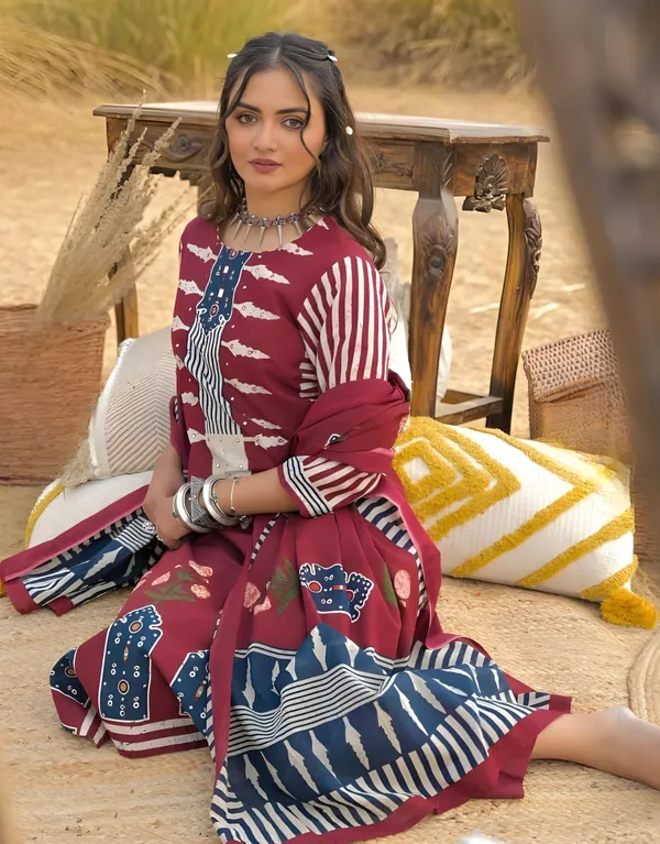 Noor_Maroon_Printed_Kurta_With_Straight_Pant_&_Dupatta_Set