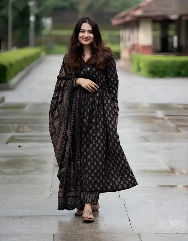Black_Anarkali_Style_Ajrakh_Printed_V-_Neck_Cotton_Kurti_Pant_with_Dupatta_(Set_of_3)