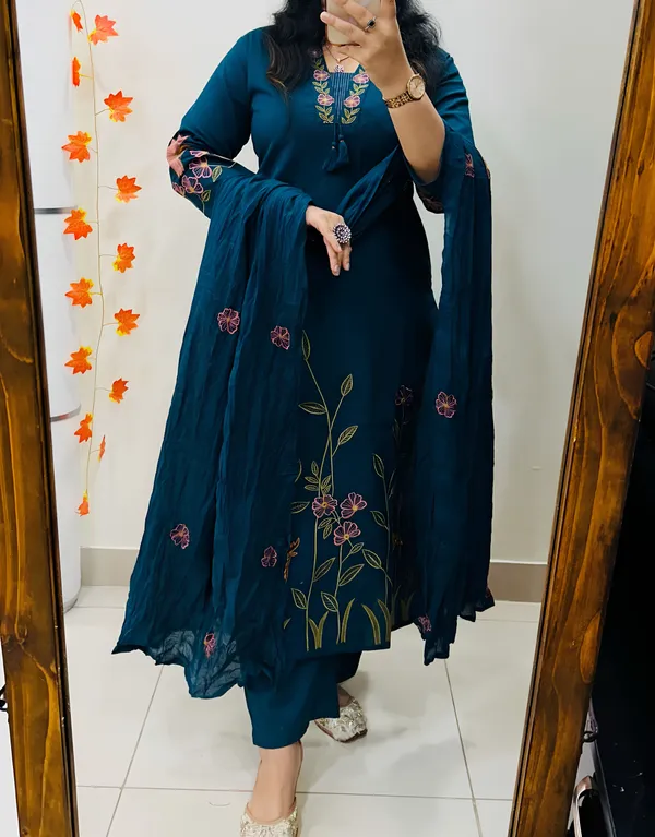 Blue_V-neck_Embroidered_Kurta_Set