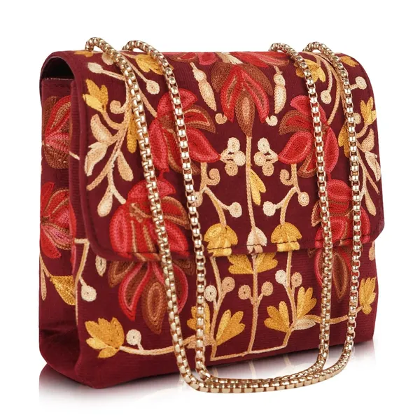 Maroon_Floral_Embroidered_Sling_Bag_With_Gold_Chain_Straps_For_Women