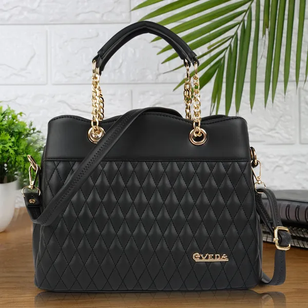 Black___Vegan_Leather_Classic_Chain_Strap_Top_Handle_Handheld_Shoulder_Crossbody_Water_Resistant_Handbag_For_Women