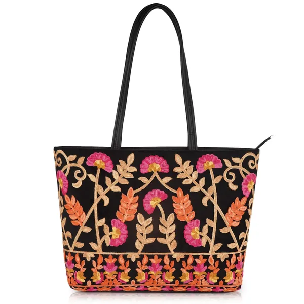 Black_Leather_Gorgeous_Embrodeiry_Stylish_Design_Tote_Hobo_Handbag_For_Women
