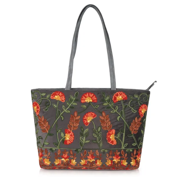 Grey_Leather_Gorgeous_Embrodeiry_Stylish_Design_Tote_Hobo_Handbag_For_Women