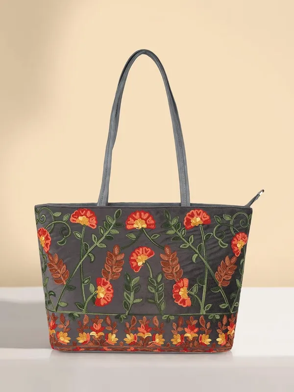 Grey_Leather_Gorgeous_Embrodeiry_Stylish_Design_Tote_Hobo_Handbag_For_Women
