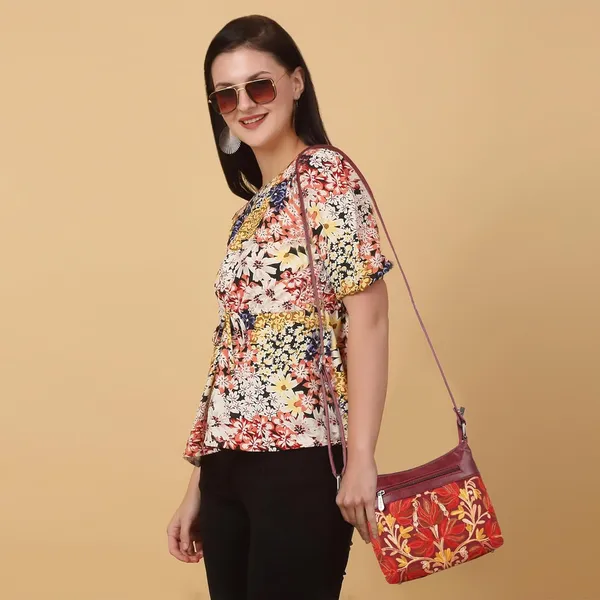 Maroon_Leather_Gorgeous_Embroidered_Stylish_Design_Shoulder_Crossbody_Side_Sling_Bag_For_Women