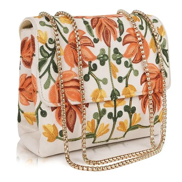 Cream_Leather_Stylish_Fancy_Gorgeous_Embroidered_Design_Crossbody_Gold_Chain_Side_Sling_Bag_For_Women