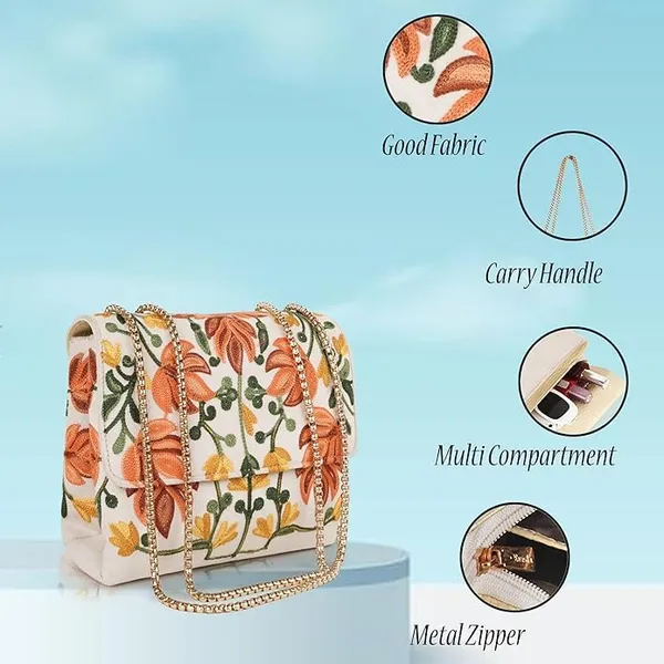 Cream_Leather_Stylish_Fancy_Gorgeous_Embroidered_Design_Crossbody_Gold_Chain_Side_Sling_Bag_For_Women