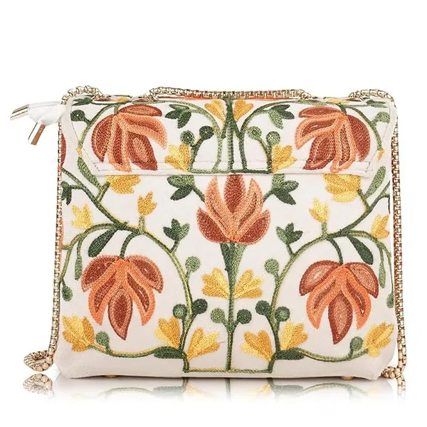 Cream_Leather_Stylish_Fancy_Gorgeous_Embroidered_Design_Crossbody_Gold_Chain_Side_Sling_Bag_For_Women