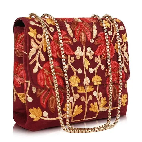 Maroon___Leather_Stylish_Fancy_Gorgeous_Embroidered_Design_Crossbody_Gold_Chain_Side_Sling_Bag_For_Women