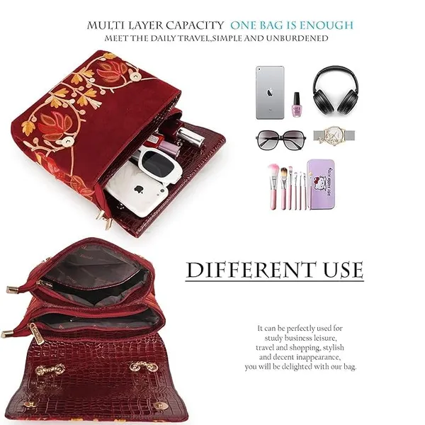 Maroon___Leather_Stylish_Fancy_Gorgeous_Embroidered_Design_Crossbody_Gold_Chain_Side_Sling_Bag_For_Women