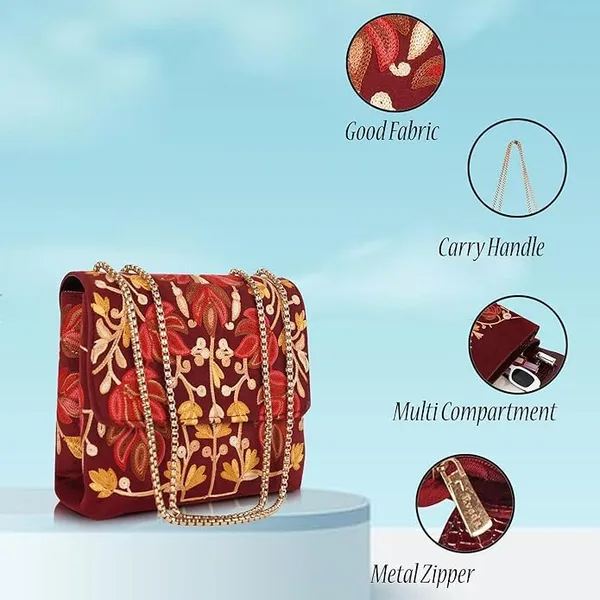Maroon___Leather_Stylish_Fancy_Gorgeous_Embroidered_Design_Crossbody_Gold_Chain_Side_Sling_Bag_For_Women