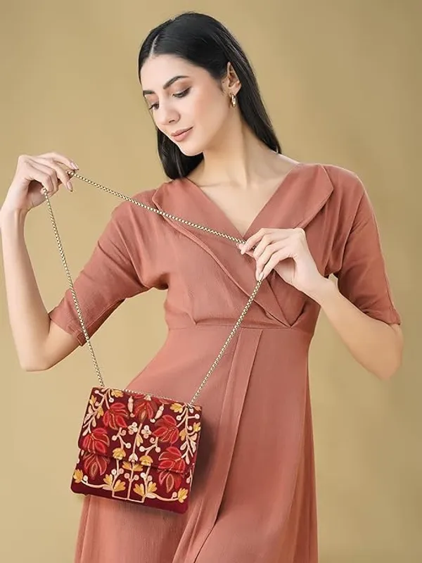 Maroon___Leather_Stylish_Fancy_Gorgeous_Embroidered_Design_Crossbody_Gold_Chain_Side_Sling_Bag_For_Women