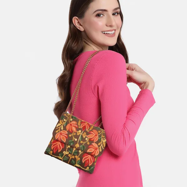 Grey_Leather_Stylish_Fancy_Gorgeous_Embroidered_Design_Crossbody_Gold_Chain_Side_Sling_Bag_For_Women