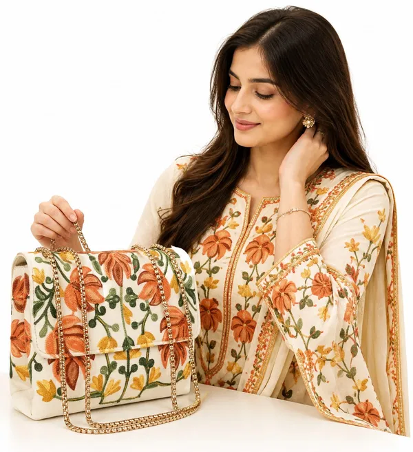Cream_Leather_Stylish_Fancy_Gorgeous_Embroidered_Design_Crossbody_Gold_Chain_Side_Sling_Bag_For_Women