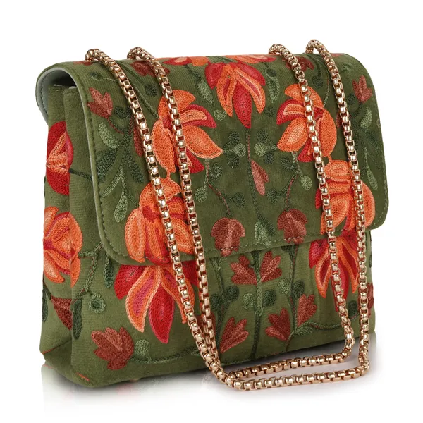 Green__Leather_Stylish_Fancy_Gorgeous_Embroidered_Design_Crossbody_Gold_Chain_Side_Sling_Bag_For_Women
