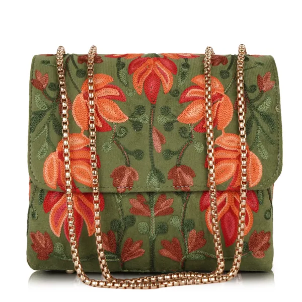 Green__Leather_Stylish_Fancy_Gorgeous_Embroidered_Design_Crossbody_Gold_Chain_Side_Sling_Bag_For_Women